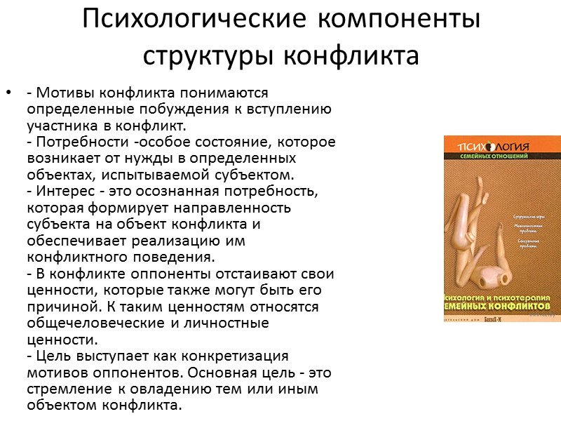 Психологические компоненты структуры конфликта - Мотивы конфликта понимаются определенные побуждения к вступлению участника в